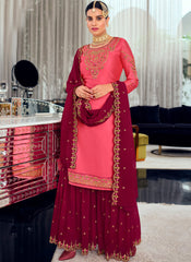 Pink and Magenta Straight Cut Suit with Sharara