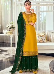 Yellow and Dark Green Straight Cut Suit with Sharara