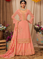 Peach Georgette Straight Cut Style Suit with Lehenga