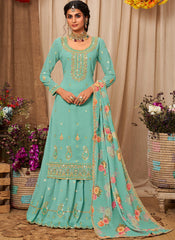 Sea Green Georgette Straight Cut Style Suit with Lehenga
