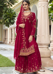 Red Party Wear Straight Cut Suit with Sharara