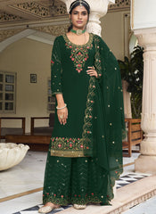 Dark Green Party Wear Straight Cut Suit with Sharara