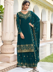 Teal Blue Party Wear Straight Cut Suit with Sharara