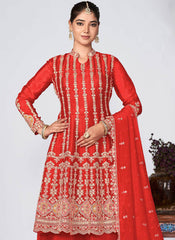 Red Golden Embroidered Chinon Palazzo Suit