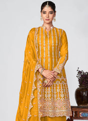 Yellow Golden Embroidered Chinon Palazzo Suit