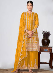 Yellow Golden Embroidered Chinon Palazzo Suit