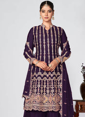 Purple Golden Embroidered Chinon Palazzo Suit