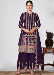 Purple Golden Embroidered Chinon Palazzo Suit