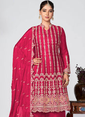 Rani-Pink Golden Embroidered Chinon Palazzo Suit