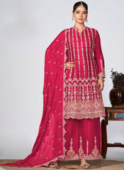 Rani-Pink Golden Embroidered Chinon Palazzo Suit