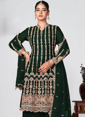 Dark Green Golden Embroidered Chinon Palazzo Suit