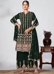 Dark Green Golden Embroidered Chinon Palazzo Suit