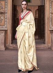 Woven Light Yellow and Red Satin Saree