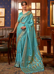 Woven Blue Pure Satin Silk Saree