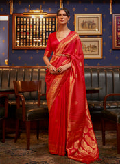 Woven Red Pure Satin Silk Saree