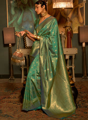Woven Cyan Blue Silk Saree