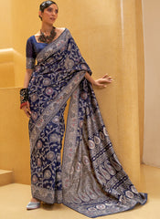 Navy Blue Party Wear Chinkari Luckhnowi Weaved Silk Saree