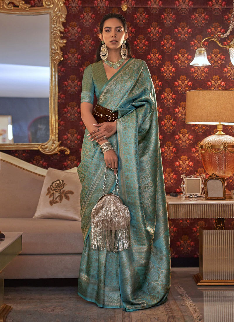 Blue Two Tone Handloom Weaving Nylon Silk Saree - nirshaa
