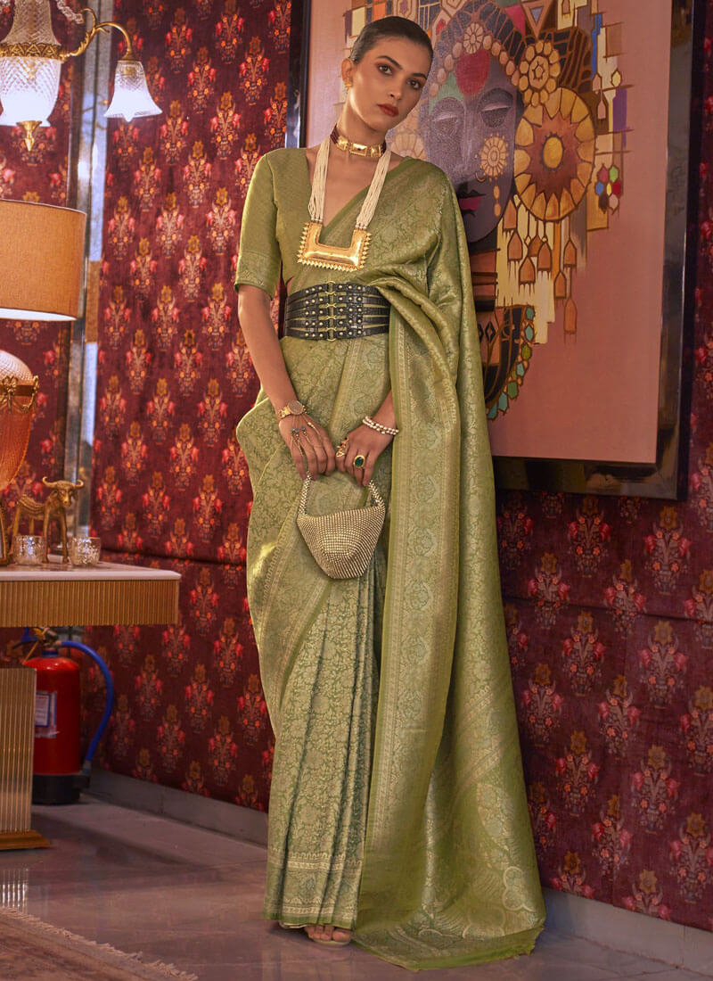 Green Two Tone Handloom Weaving Nylon Silk Saree - nirshaa