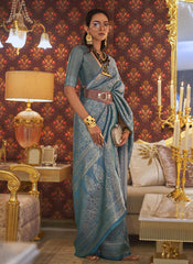 Greyish Blue Two Tone Handloom Weaving Nylon Silk Saree - nirshaa