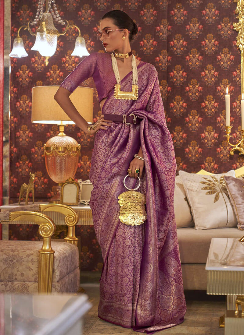 Purple Two Tone Handloom Weaving Nylon Silk Saree - nirshaa