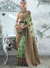 Pista Green Heavy Kashmiri Handloom Weaved Saree