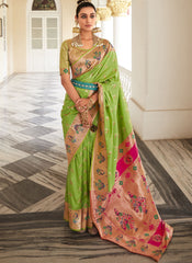Woven Green and Rani Silk Saree