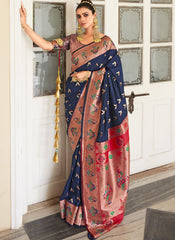 Woven Navy Blue And Red Silk Saree