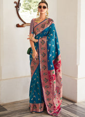 Woven Firozi Blue And Red Silk Saree