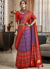 Purple and Red Tussar Silk Saree