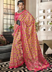 Yellow and Pink Patola Print Tussar Silk Saree