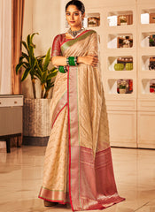 Bone Beige Banarasi Silk Golden Weaving Saree