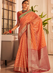 Dark Peach Banarasi Silk Golden Weaving Saree