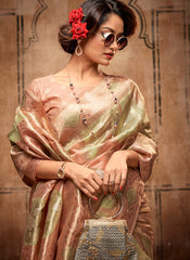 Stunning Woven Peach and Green Organza Saree