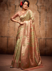 Stunning Woven Peach and Green Organza Saree