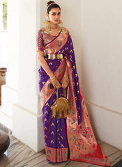 Woven Purple and Red Silk Saree