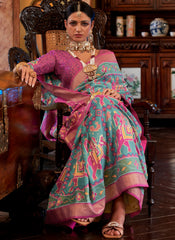 Digital Printed Blue and Pink Tussar Silk Saree