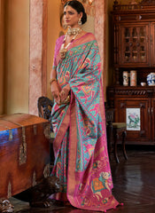 Digital Printed Blue and Pink Tussar Silk Saree