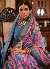 Digital Printed Pink and Blue Tussar Silk Saree