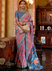 Digital Printed Pink and Blue Tussar Silk Saree