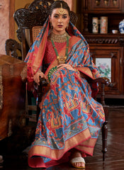 Digital Printed Blue and Red Tussar Silk Saree
