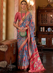Digital Printed Blue and Red Tussar Silk Saree