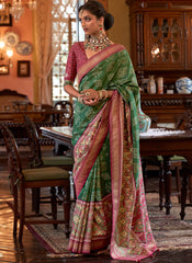 Digital Printed Green and Maroon Tussar Silk Saree