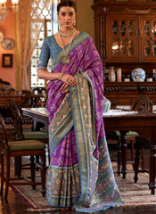Digital Printed Purple and Blue Tussar Silk Saree