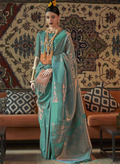 Woven Cyan Blue Partywear Silk Saree - nirshaa