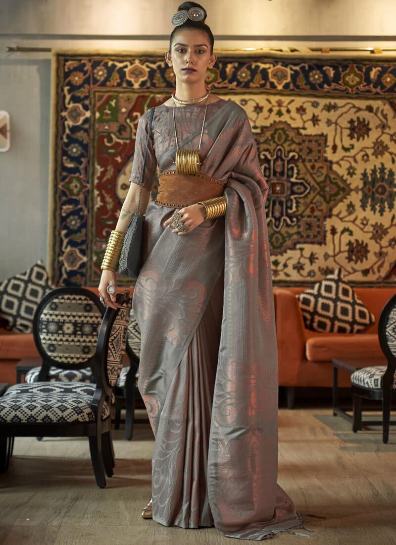 Woven Grey Partywear Silk Saree - nirshaa