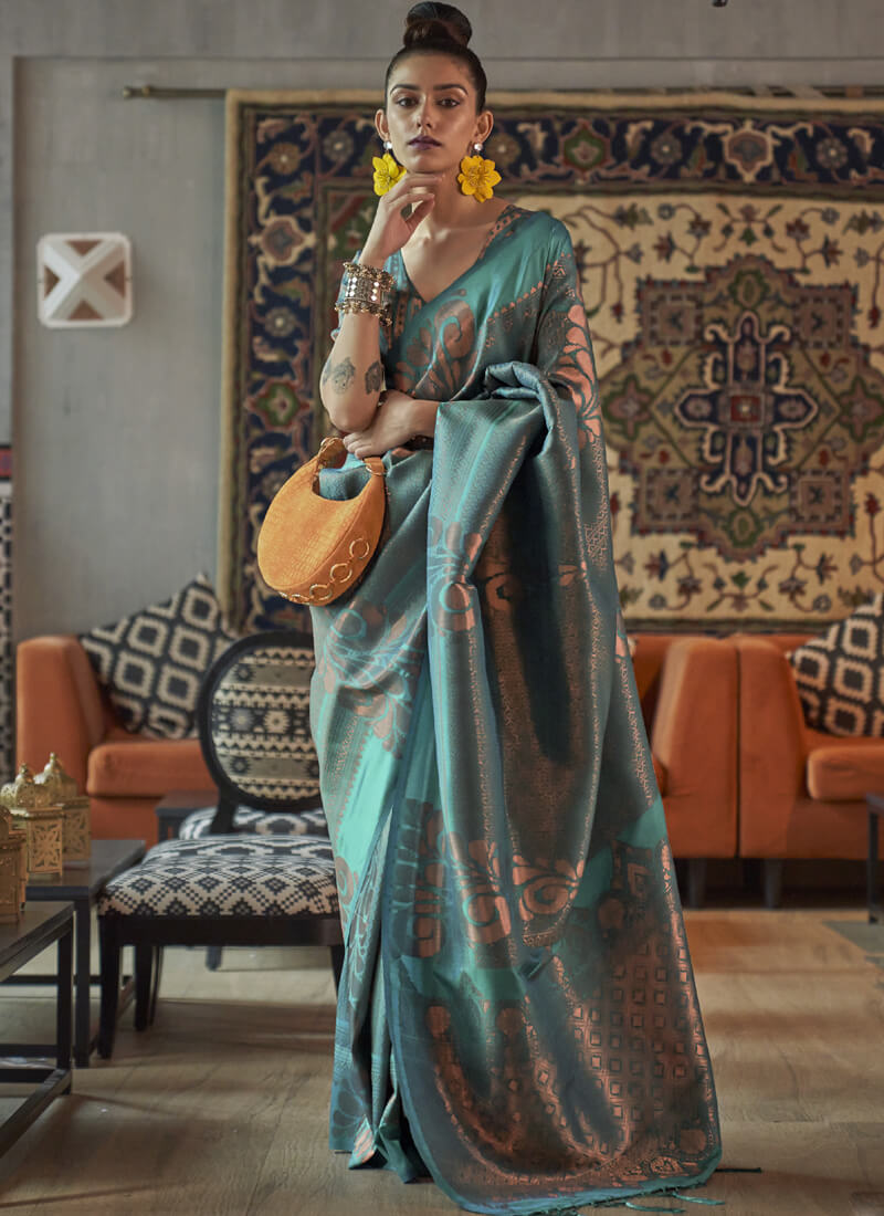 Woven Rama Blue Partywear Silk Saree - nirshaa