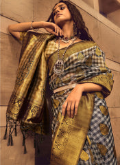 Woven Black and Greenish Golden Handloom Silk Saree