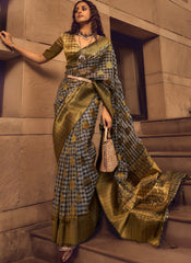Woven Black and Greenish Golden Handloom Silk Saree