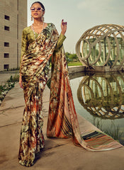 Green and Brown Digital Print Satin Silk Saree